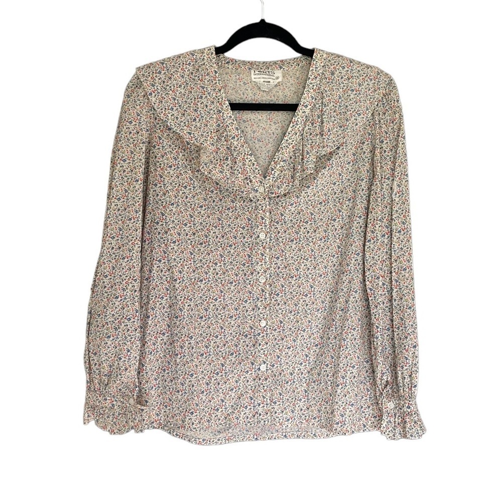 PORTS INTERNATIONAL Vintage Cotton Floral Print Button Front Blouse Ruffle 10